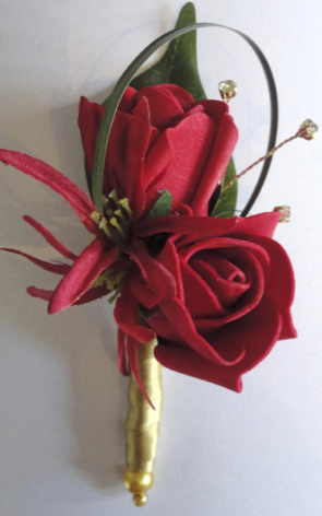 Red & Gold Rose Bud Buttonhole
